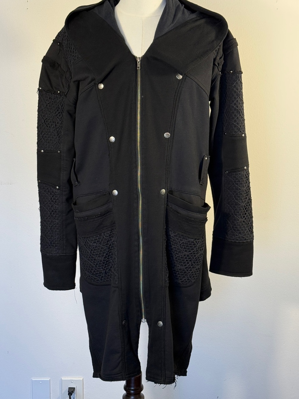 Psylo Black Gothic Hooded Jacket Longline Cyber Punk Industrial Coat Size 3 XL